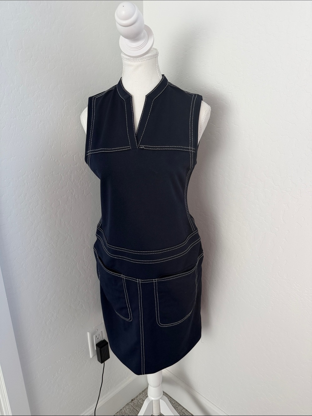 Tory Burch Tory Sport Sleeveless Black Shift Dress with White Topstitching
